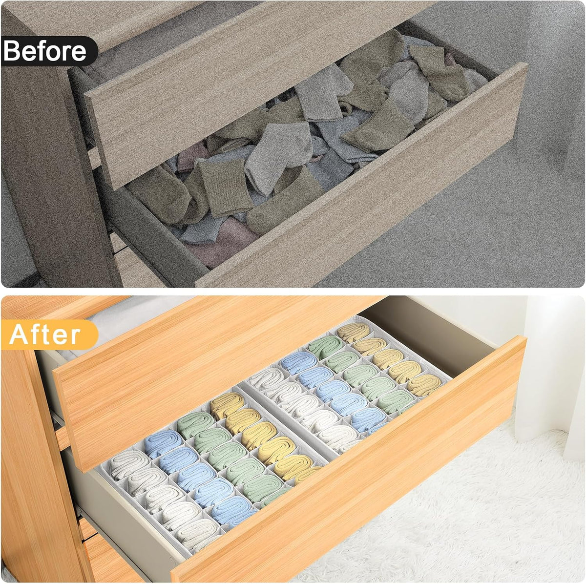 joyoldelf Sock Drawer Organizer Divider 2 Packs Underwear Organizer, 24 Cell Closet Organizers and Storage Organizer Sock Holders Organizers for Storing Socks, Handkerchiefs, Ties, Belts (Grey)