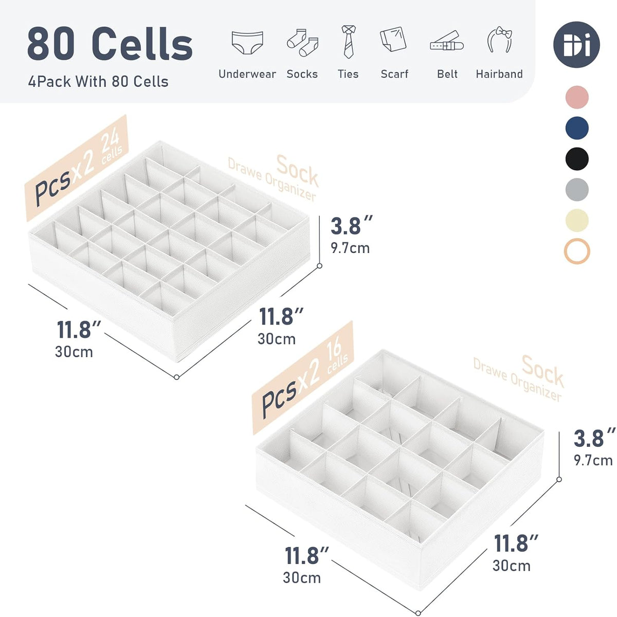 joyoldelf Sock Drawer Organizer Divider 2 Packs Underwear Organizer, 24 Cell Closet Organizers and Storage Organizer Sock Holders Organizers for Storing Socks, Handkerchiefs, Ties, Belts (Grey)