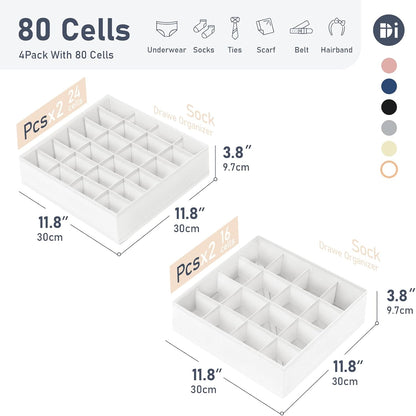 joyoldelf Sock Drawer Organizer Divider 2 Packs Underwear Organizer, 24 Cell Closet Organizers and Storage Organizer Sock Holders Organizers for Storing Socks, Handkerchiefs, Ties, Belts (Grey)