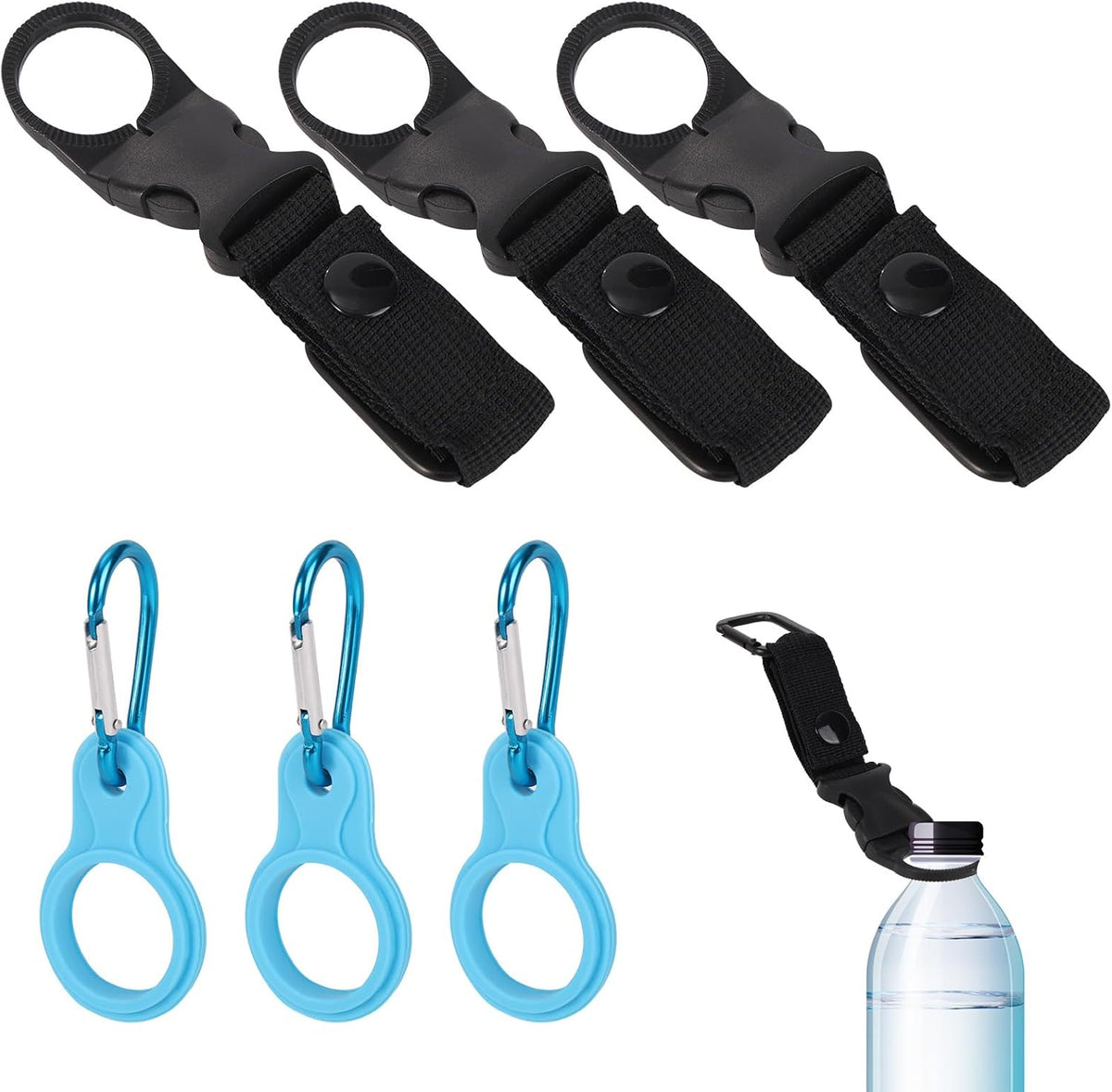 6Pcs Portable Mineral Water Bottle Holder Clips, 3 Plastic O-Ring Belt Buckles & 3 Silicone Hanging Rings with Carabiners, Bottle Keychain Hooks Carrier for Backpack, Hiking, Camping & Travel