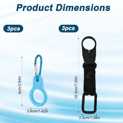 6Pcs Portable Mineral Water Bottle Holder Clips, 3 Plastic O-Ring Belt Buckles & 3 Silicone Hanging Rings with Carabiners, Bottle Keychain Hooks Carrier for Backpack, Hiking, Camping & Travel
