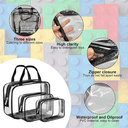 9 Packs Clear PVC Toy Storage Bags Toiletry Bags Waterproof Kids Zippered Toy Organizing Bags for Building Blocks Puzzle Stationery Black