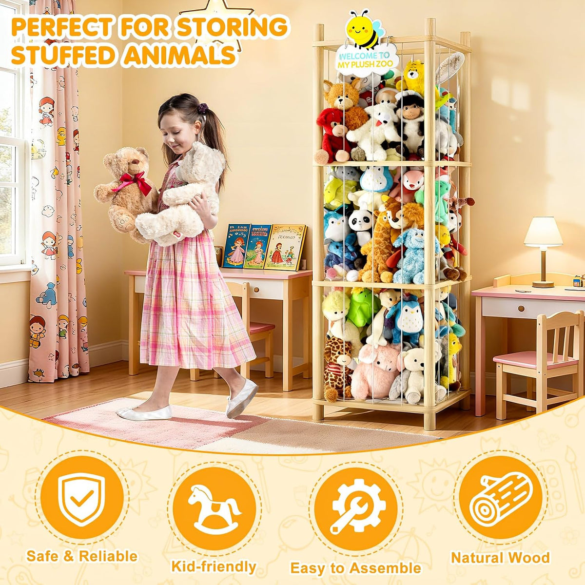 Stuffed Animal Storage Zoo Organizer Natural Pine Plushies Storage with Elastic Bands Vertical Wood Toy Holder Mesh Net Space Saving Design for Playroom Nursery Kids Bedroom