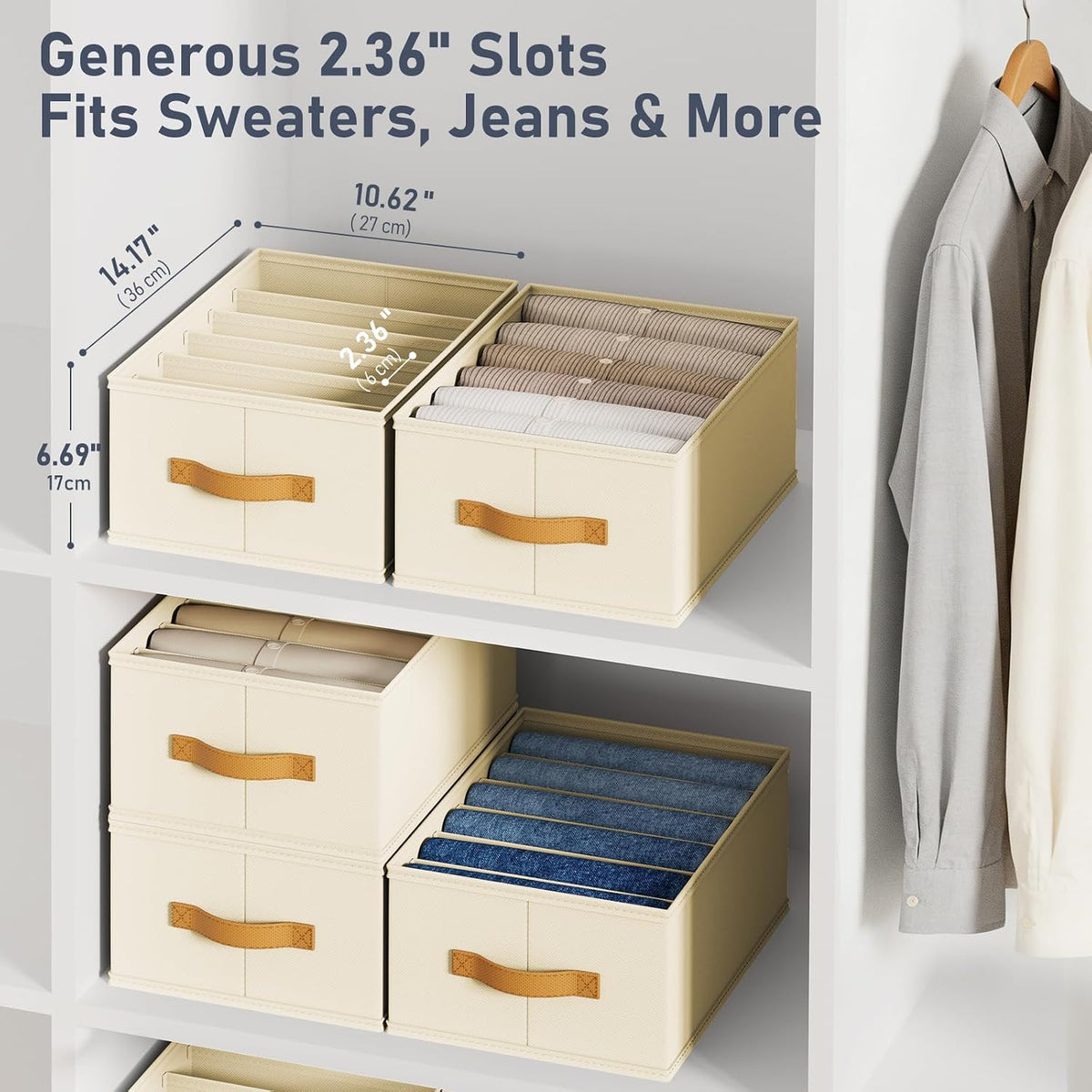 Wardrobe Clothes Organizer - Foldable Closet Drawer Organizer Dividers for Jeans, Pants, Sweater, T Shirt, Storage Bins with Handles for Shelf