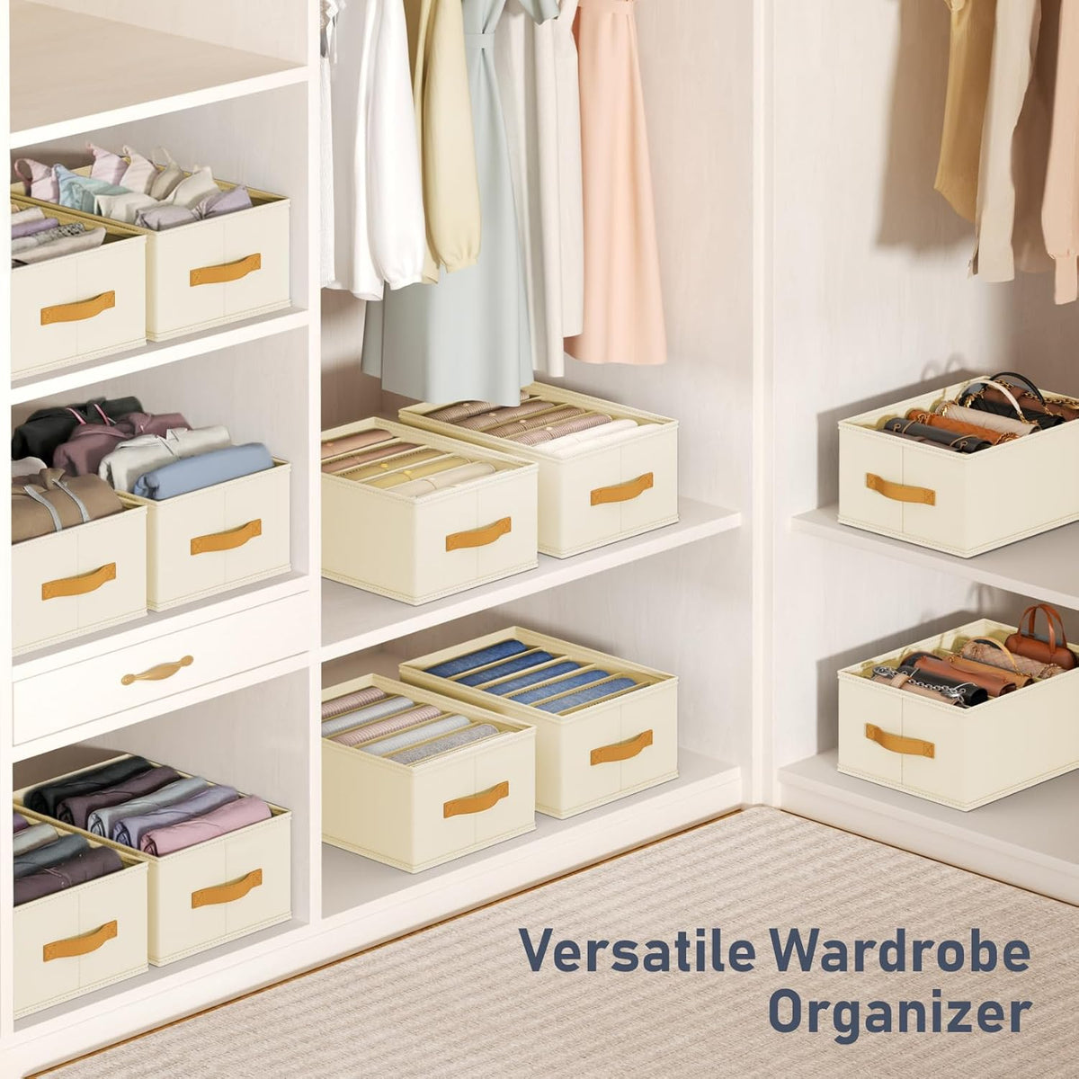 Wardrobe Clothes Organizer - Foldable Closet Drawer Organizer Dividers for Jeans, Pants, Sweater, T Shirt, Storage Bins with Handles for Shelf