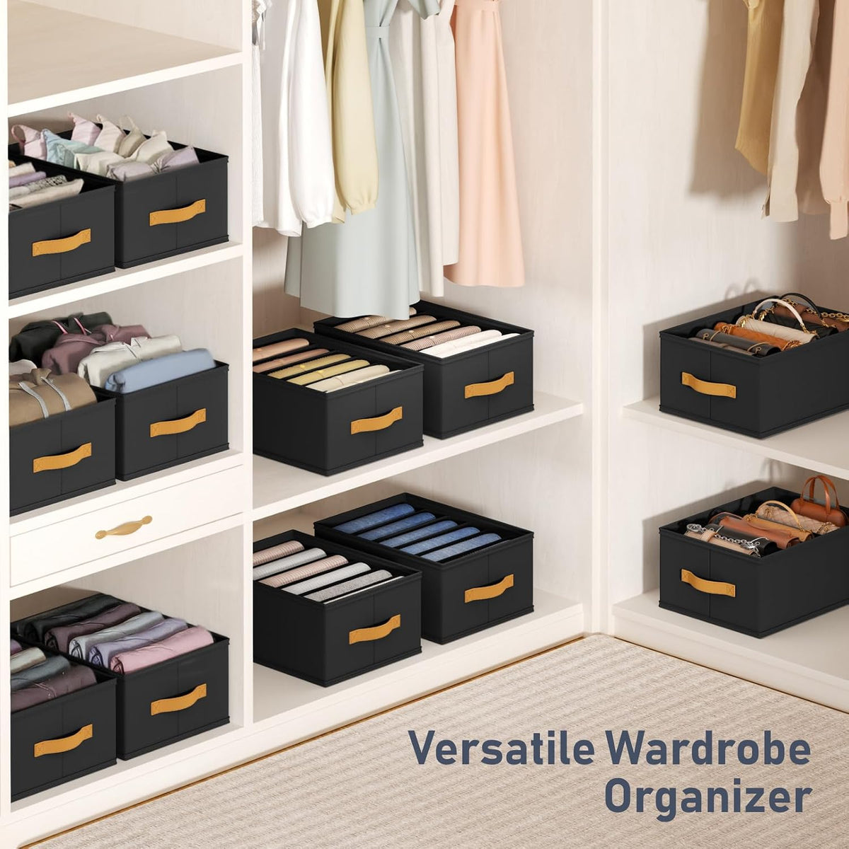 Wardrobe Clothes Organizer - Foldable Closet Drawer Organizer Dividers for Jeans, Pants, Sweater, T Shirt, Storage Bins with Handles for Shelf