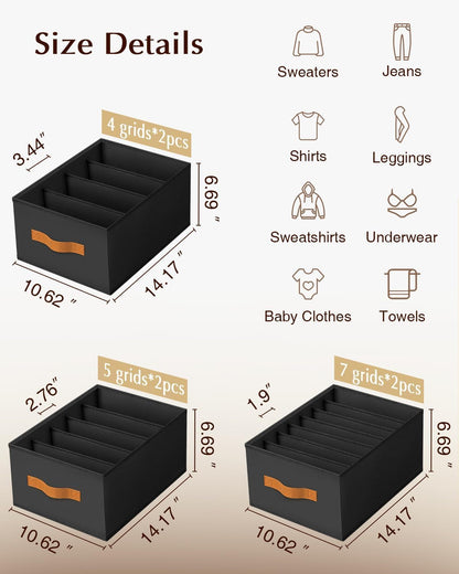 Wardrobe Clothes Organizer - Foldable Closet Drawer Organizer Dividers for Jeans, Pants, Sweater, T Shirt, Storage Bins with Handles for Shelf