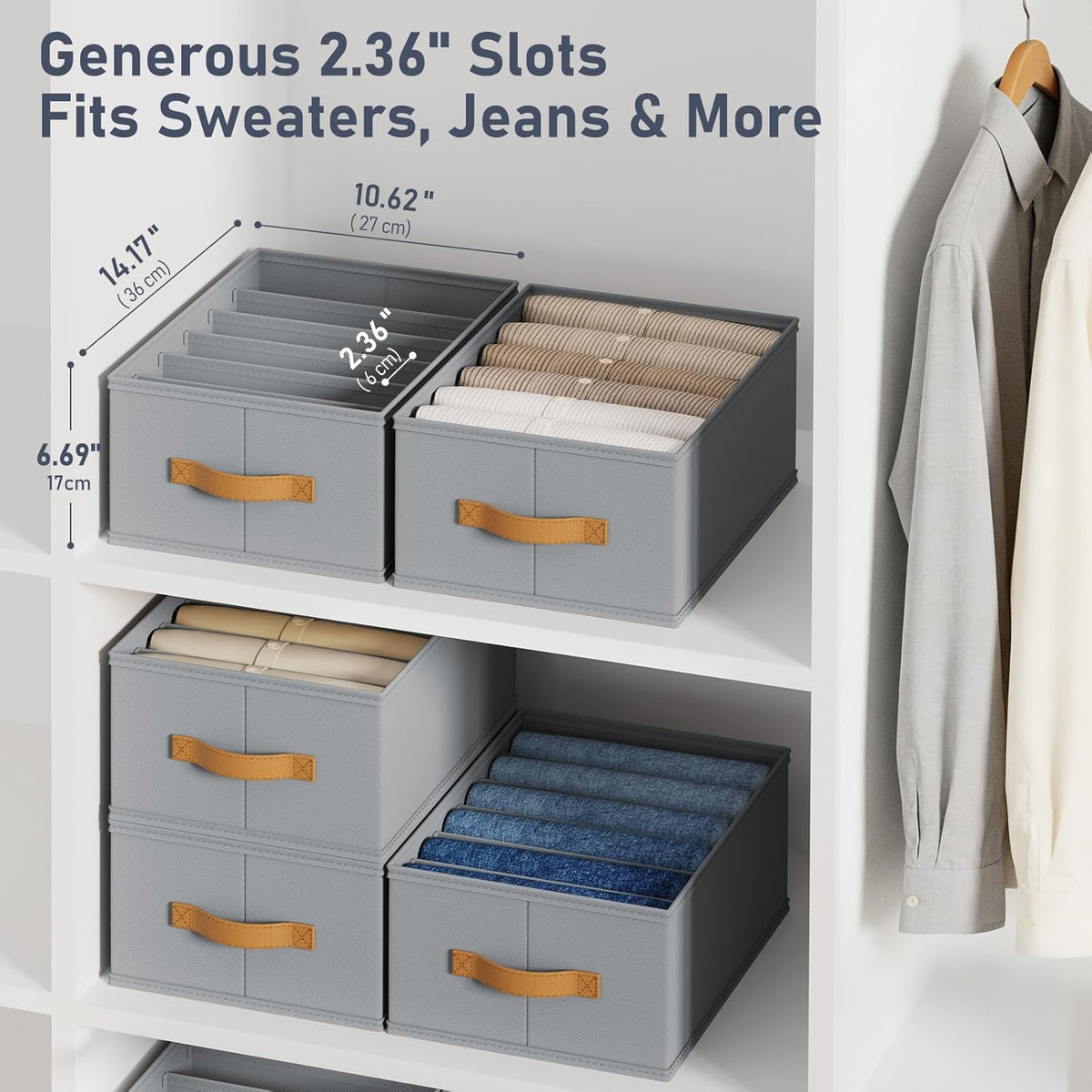 Wardrobe Clothes Organizer - Foldable Closet Drawer Organizer Dividers for Jeans, Pants, Sweater, T Shirt, Storage Bins with Handles for Shelf