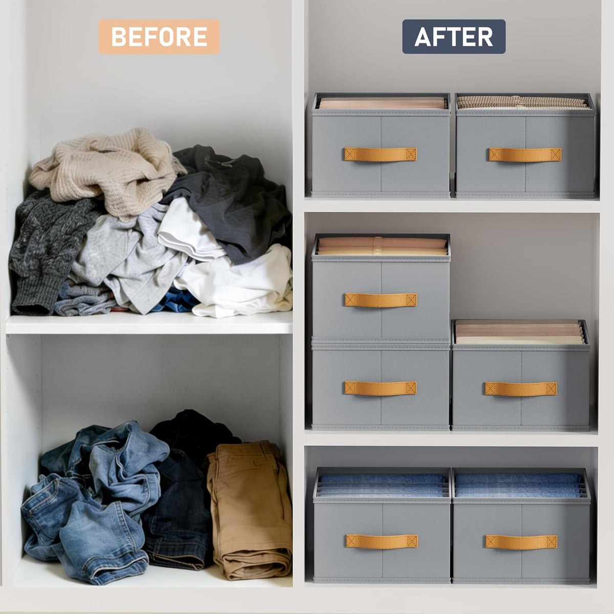 Wardrobe Clothes Organizer - Foldable Closet Drawer Organizer Dividers for Jeans, Pants, Sweater, T Shirt, Storage Bins with Handles for Shelf