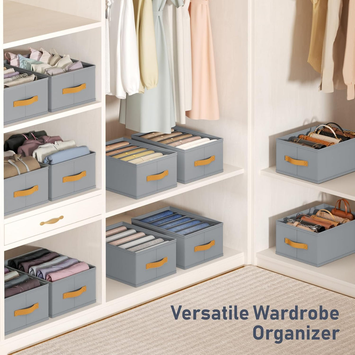 Wardrobe Clothes Organizer - Foldable Closet Drawer Organizer Dividers for Jeans, Pants, Sweater, T Shirt, Storage Bins with Handles for Shelf