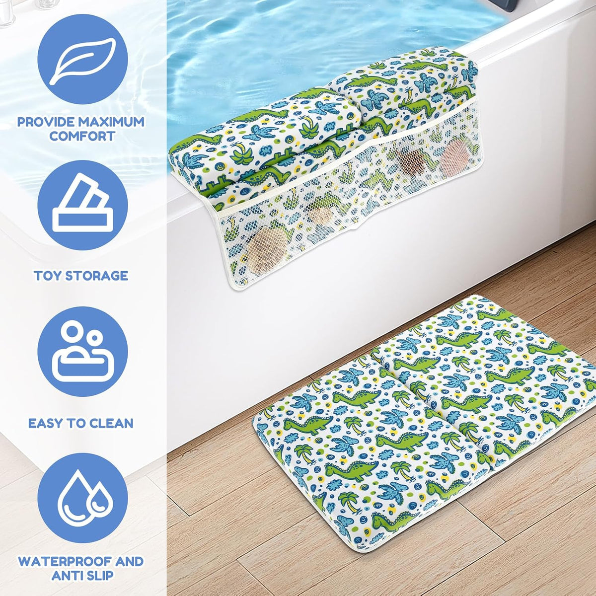 Baby Bath Kneeler and Elbow Pad Set, Nonslip Bathtub Kneeling Pad for Baby Bathing Parents Use, Waterproof Bathtub Elbow Support Mat w/ 4 Side Pockets,Organizer, Foldable Painless Memory Foam Mat