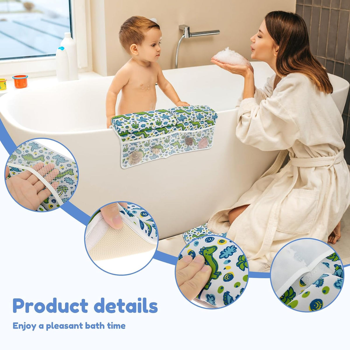 Baby Bath Kneeler and Elbow Pad Set, Nonslip Bathtub Kneeling Pad for Baby Bathing Parents Use, Waterproof Bathtub Elbow Support Mat w/ 4 Side Pockets,Organizer, Foldable Painless Memory Foam Mat