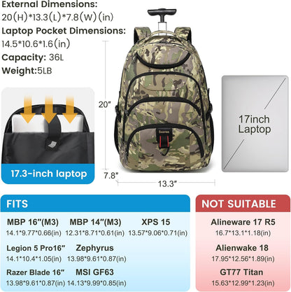 Rolling Backpack for Women, 17.3 Inch Wheeled Laptop Backpack,Large Travel Carry-On Bag for Teachers College Students, USB Charging Port Waterproof Business for Airplane Overnight Luggage，Beige