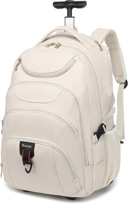 Rolling Backpack for Women, 17.3 Inch Wheeled Laptop Backpack,Large Travel Carry-On Bag for Teachers College Students, USB Charging Port Waterproof Business for Airplane Overnight Luggage，Beige