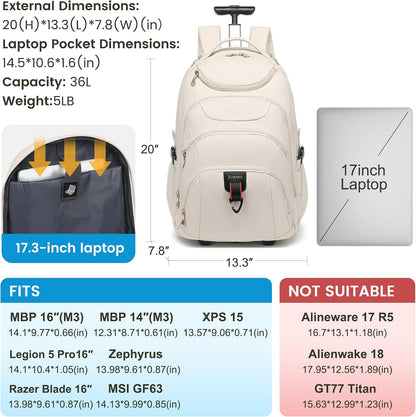 Rolling Backpack for Women, 17.3 Inch Wheeled Laptop Backpack,Large Travel Carry-On Bag for Teachers College Students, USB Charging Port Waterproof Business for Airplane Overnight Luggage，Beige
