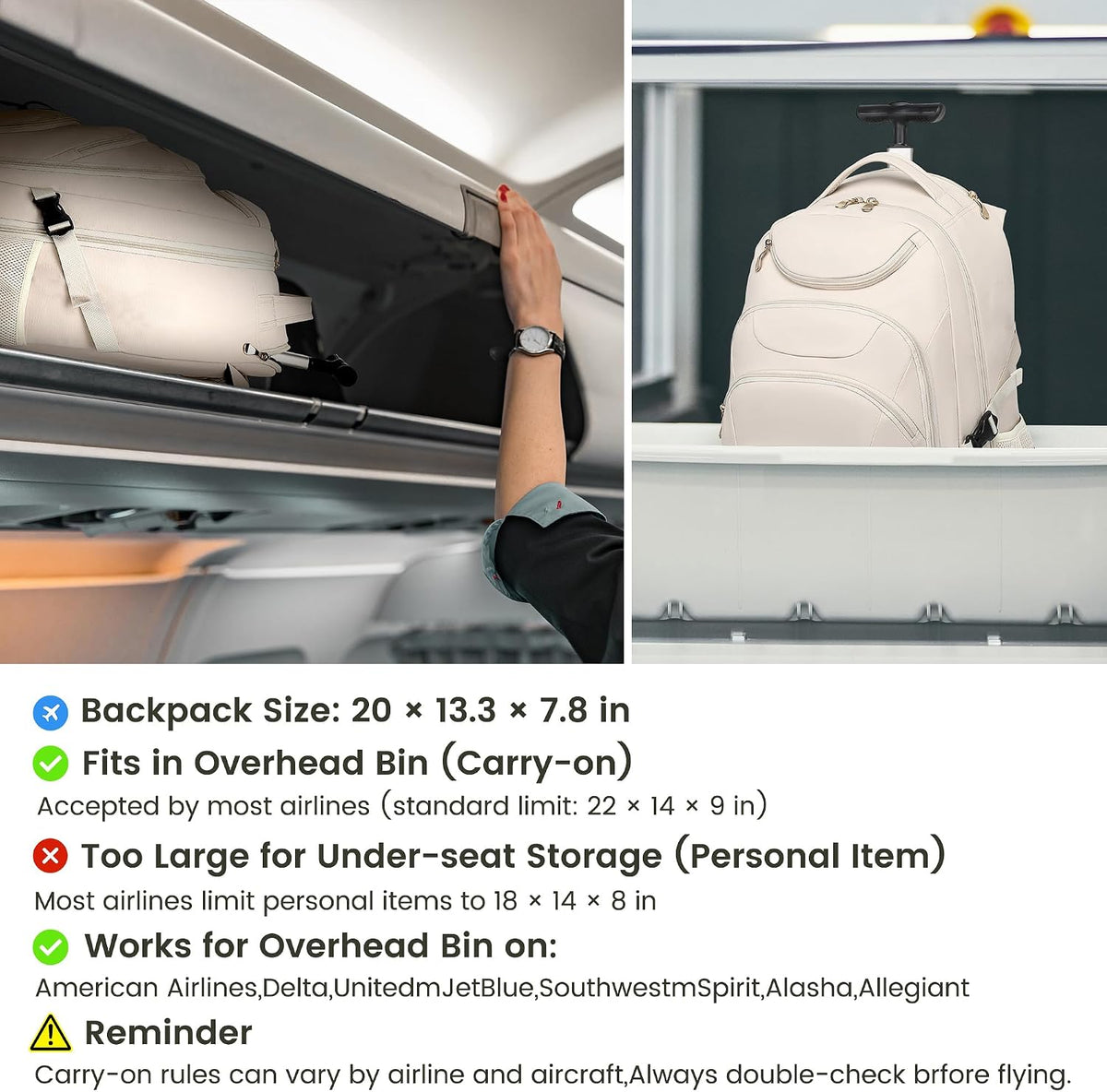Rolling Backpack for Women, 17.3 Inch Wheeled Laptop Backpack,Large Travel Carry-On Bag for Teachers College Students, USB Charging Port Waterproof Business for Airplane Overnight Luggage，Beige
