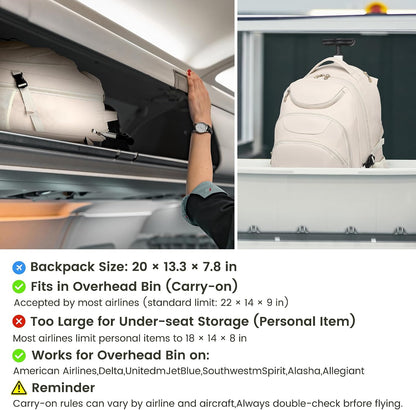 Rolling Backpack for Women, 17.3 Inch Wheeled Laptop Backpack,Large Travel Carry-On Bag for Teachers College Students, USB Charging Port Waterproof Business for Airplane Overnight Luggage，Beige