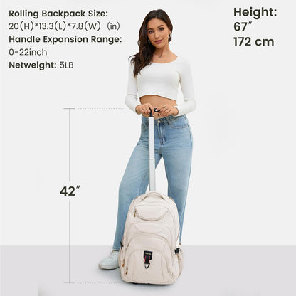 Rolling Backpack for Women, 17.3 Inch Wheeled Laptop Backpack,Large Travel Carry-On Bag for Teachers College Students, USB Charging Port Waterproof Business for Airplane Overnight Luggage，Beige