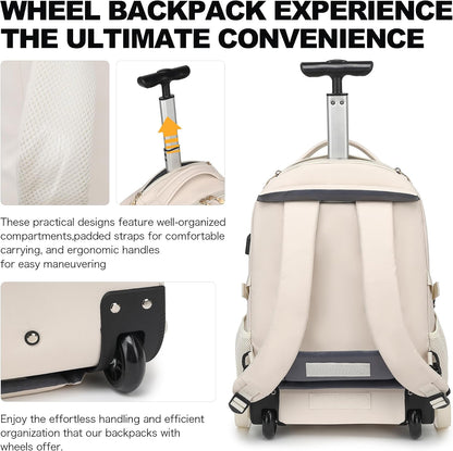 Rolling Backpack for Women, 17.3 Inch Wheeled Laptop Backpack,Large Travel Carry-On Bag for Teachers College Students, USB Charging Port Waterproof Business for Airplane Overnight Luggage，Beige