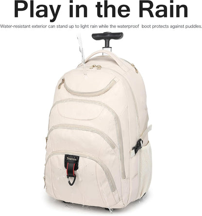 Rolling Backpack for Women, 17.3 Inch Wheeled Laptop Backpack,Large Travel Carry-On Bag for Teachers College Students, USB Charging Port Waterproof Business for Airplane Overnight Luggage，Beige