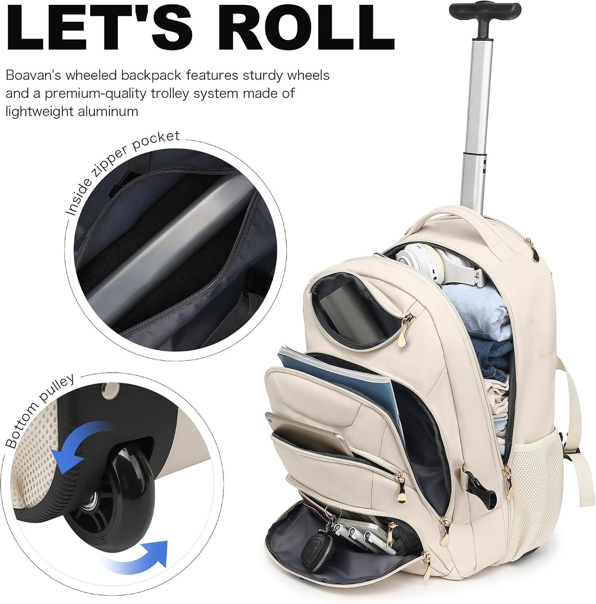 Rolling Backpack for Women, 17.3 Inch Wheeled Laptop Backpack,Large Travel Carry-On Bag for Teachers College Students, USB Charging Port Waterproof Business for Airplane Overnight Luggage，Beige