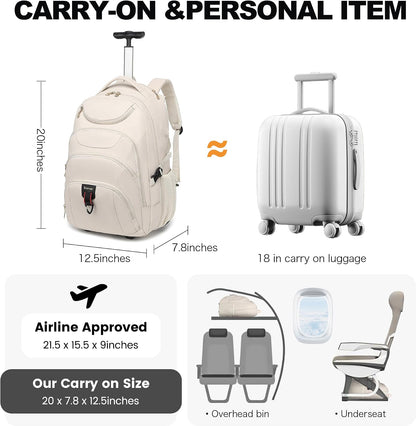 Rolling Backpack for Women, 17.3 Inch Wheeled Laptop Backpack,Large Travel Carry-On Bag for Teachers College Students, USB Charging Port Waterproof Business for Airplane Overnight Luggage，Beige