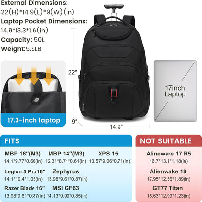 Rolling Backpack for Women, 17.3 Inch Wheeled Laptop Backpack,Large Travel Carry-On Bag for Teachers College Students, USB Charging Port Waterproof Business for Airplane Overnight Luggage，Beige