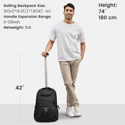 Rolling Backpack for Women, 17.3 Inch Wheeled Laptop Backpack,Large Travel Carry-On Bag for Teachers College Students, USB Charging Port Waterproof Business for Airplane Overnight Luggage，Beige