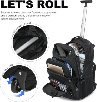 Rolling Backpack for Women, 17.3 Inch Wheeled Laptop Backpack,Large Travel Carry-On Bag for Teachers College Students, USB Charging Port Waterproof Business for Airplane Overnight Luggage，Beige
