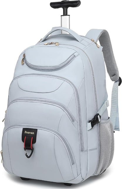 Rolling Backpack for Women, 17.3 Inch Wheeled Laptop Backpack,Large Travel Carry-On Bag for Teachers College Students, USB Charging Port Waterproof Business for Airplane Overnight Luggage，Beige