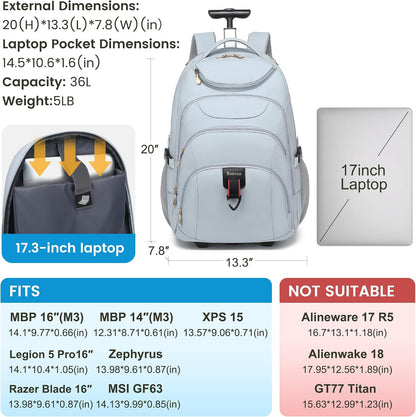 Rolling Backpack for Women, 17.3 Inch Wheeled Laptop Backpack,Large Travel Carry-On Bag for Teachers College Students, USB Charging Port Waterproof Business for Airplane Overnight Luggage，Beige