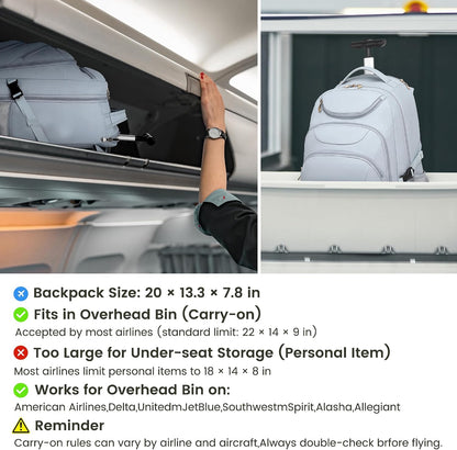 Rolling Backpack for Women, 17.3 Inch Wheeled Laptop Backpack,Large Travel Carry-On Bag for Teachers College Students, USB Charging Port Waterproof Business for Airplane Overnight Luggage，Beige