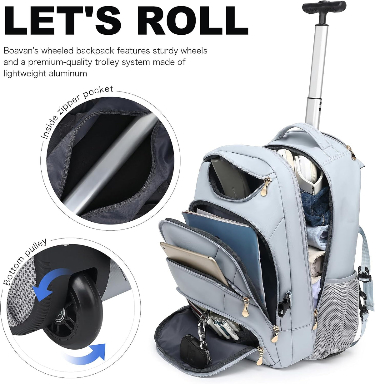 Rolling Backpack for Women, 17.3 Inch Wheeled Laptop Backpack,Large Travel Carry-On Bag for Teachers College Students, USB Charging Port Waterproof Business for Airplane Overnight Luggage，Beige
