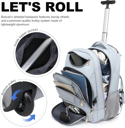 Rolling Backpack for Women, 17.3 Inch Wheeled Laptop Backpack,Large Travel Carry-On Bag for Teachers College Students, USB Charging Port Waterproof Business for Airplane Overnight Luggage，Beige