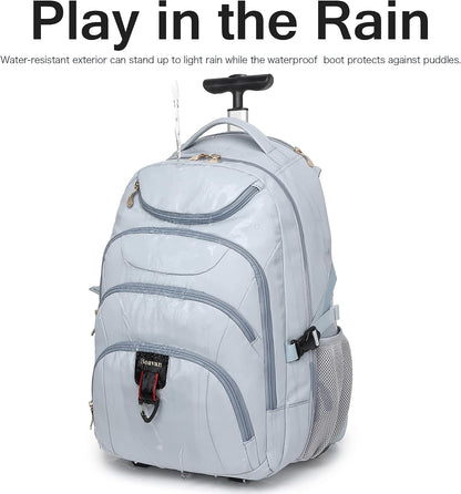 Rolling Backpack for Women, 17.3 Inch Wheeled Laptop Backpack,Large Travel Carry-On Bag for Teachers College Students, USB Charging Port Waterproof Business for Airplane Overnight Luggage，Beige