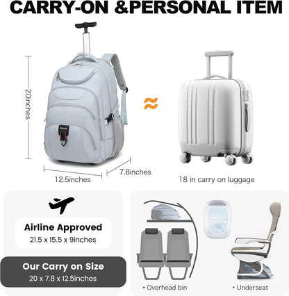 Rolling Backpack for Women, 17.3 Inch Wheeled Laptop Backpack,Large Travel Carry-On Bag for Teachers College Students, USB Charging Port Waterproof Business for Airplane Overnight Luggage，Beige