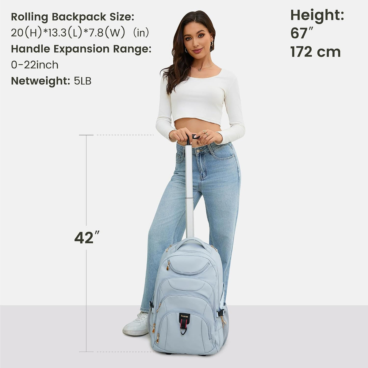 Rolling Backpack for Women, 17.3 Inch Wheeled Laptop Backpack,Large Travel Carry-On Bag for Teachers College Students, USB Charging Port Waterproof Business for Airplane Overnight Luggage，Beige