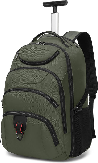 Rolling Backpack for Women, 17.3 Inch Wheeled Laptop Backpack,Large Travel Carry-On Bag for Teachers College Students, USB Charging Port Waterproof Business for Airplane Overnight Luggage，Beige