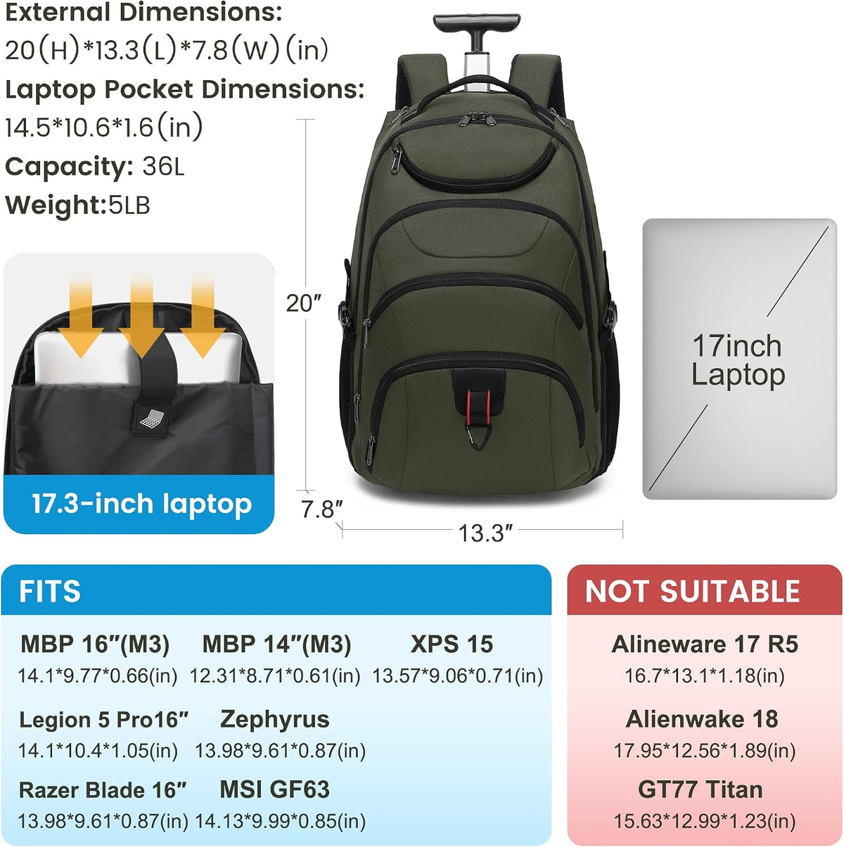 Rolling Backpack for Women, 17.3 Inch Wheeled Laptop Backpack,Large Travel Carry-On Bag for Teachers College Students, USB Charging Port Waterproof Business for Airplane Overnight Luggage，Beige