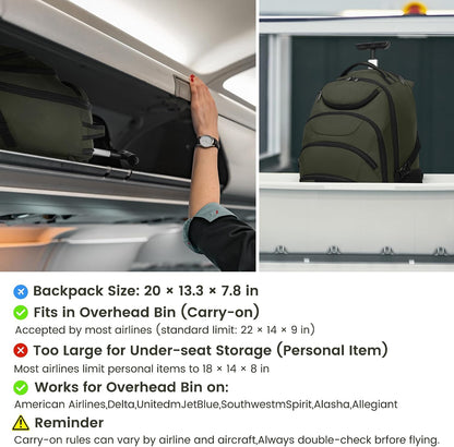 Rolling Backpack for Women, 17.3 Inch Wheeled Laptop Backpack,Large Travel Carry-On Bag for Teachers College Students, USB Charging Port Waterproof Business for Airplane Overnight Luggage，Beige
