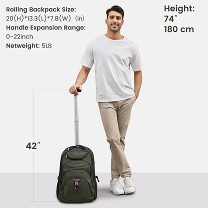 Rolling Backpack for Women, 17.3 Inch Wheeled Laptop Backpack,Large Travel Carry-On Bag for Teachers College Students, USB Charging Port Waterproof Business for Airplane Overnight Luggage，Beige