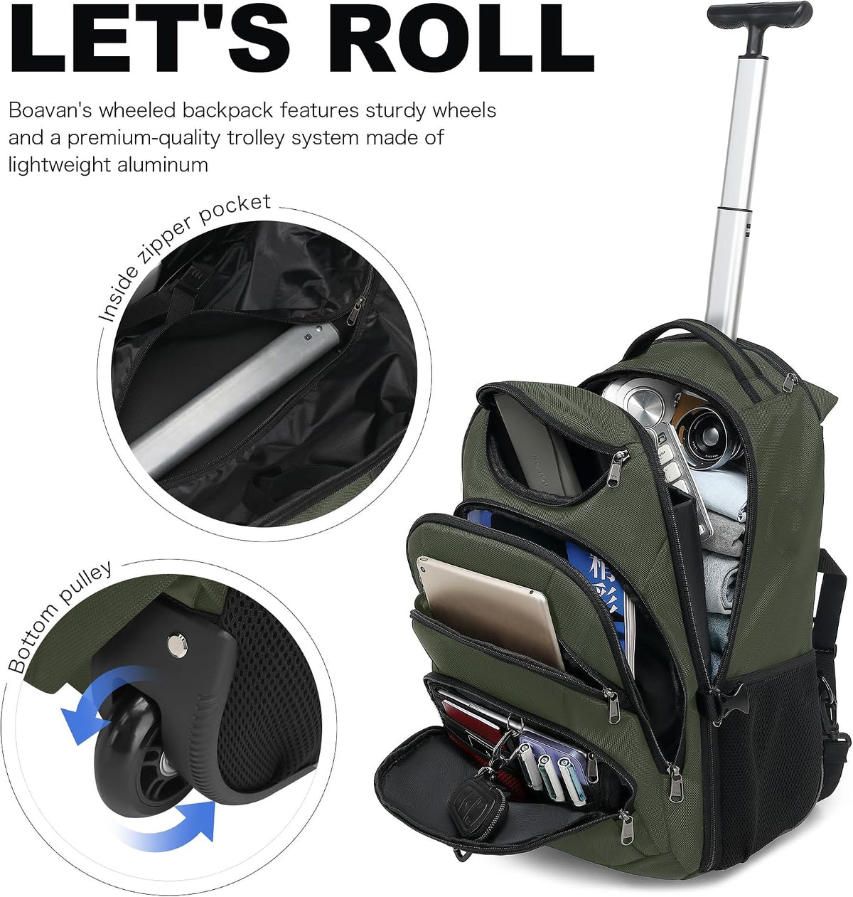 Rolling Backpack for Women, 17.3 Inch Wheeled Laptop Backpack,Large Travel Carry-On Bag for Teachers College Students, USB Charging Port Waterproof Business for Airplane Overnight Luggage，Beige
