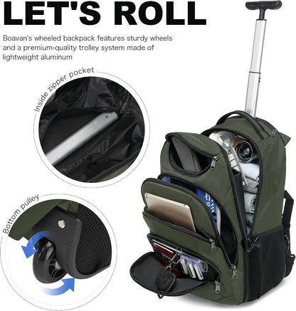 Rolling Backpack for Women, 17.3 Inch Wheeled Laptop Backpack,Large Travel Carry-On Bag for Teachers College Students, USB Charging Port Waterproof Business for Airplane Overnight Luggage，Beige