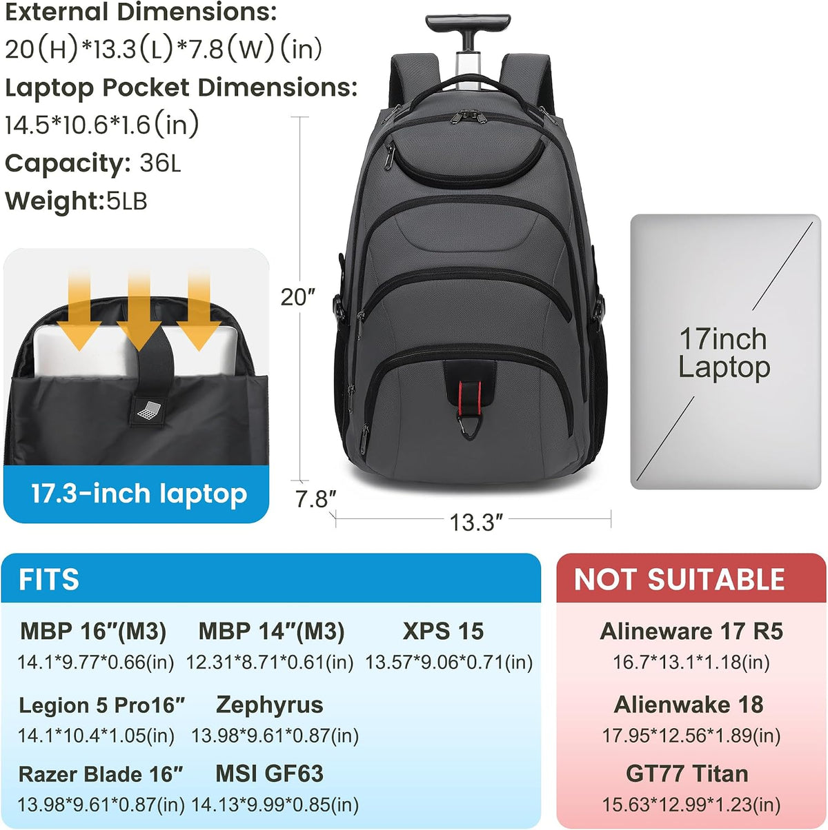 Rolling Backpack for Women, 17.3 Inch Wheeled Laptop Backpack,Large Travel Carry-On Bag for Teachers College Students, USB Charging Port Waterproof Business for Airplane Overnight Luggage，Beige