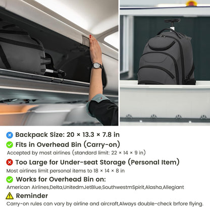 Rolling Backpack for Women, 17.3 Inch Wheeled Laptop Backpack,Large Travel Carry-On Bag for Teachers College Students, USB Charging Port Waterproof Business for Airplane Overnight Luggage，Beige