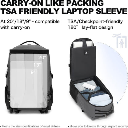 Rolling Backpack for Women, 17.3 Inch Wheeled Laptop Backpack,Large Travel Carry-On Bag for Teachers College Students, USB Charging Port Waterproof Business for Airplane Overnight Luggage，Beige