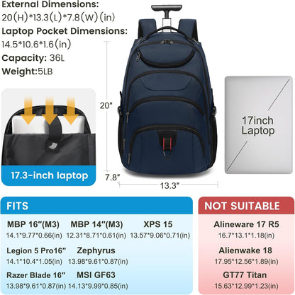 Rolling Backpack for Women, 17.3 Inch Wheeled Laptop Backpack,Large Travel Carry-On Bag for Teachers College Students, USB Charging Port Waterproof Business for Airplane Overnight Luggage，Beige