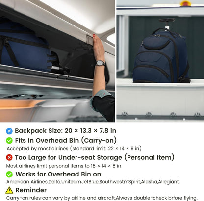 Rolling Backpack for Women, 17.3 Inch Wheeled Laptop Backpack,Large Travel Carry-On Bag for Teachers College Students, USB Charging Port Waterproof Business for Airplane Overnight Luggage，Beige