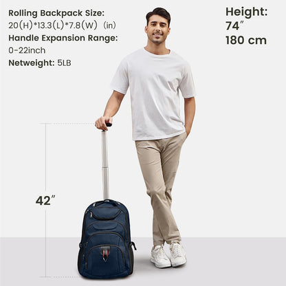 Rolling Backpack for Women, 17.3 Inch Wheeled Laptop Backpack,Large Travel Carry-On Bag for Teachers College Students, USB Charging Port Waterproof Business for Airplane Overnight Luggage，Beige