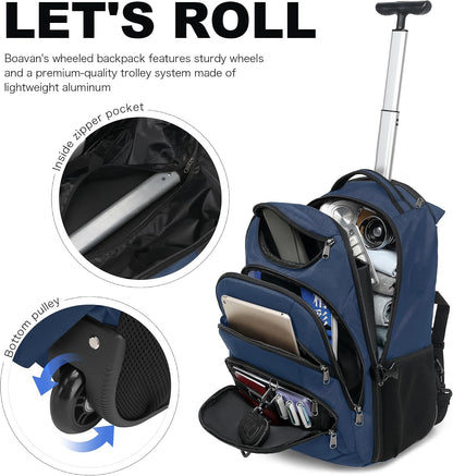 Rolling Backpack for Women, 17.3 Inch Wheeled Laptop Backpack,Large Travel Carry-On Bag for Teachers College Students, USB Charging Port Waterproof Business for Airplane Overnight Luggage，Beige